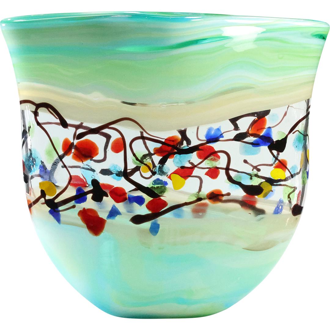 Large Green Murano Glass Vase with Abstract Multi Colors Band 15.5 inches diameter (1 of 14)