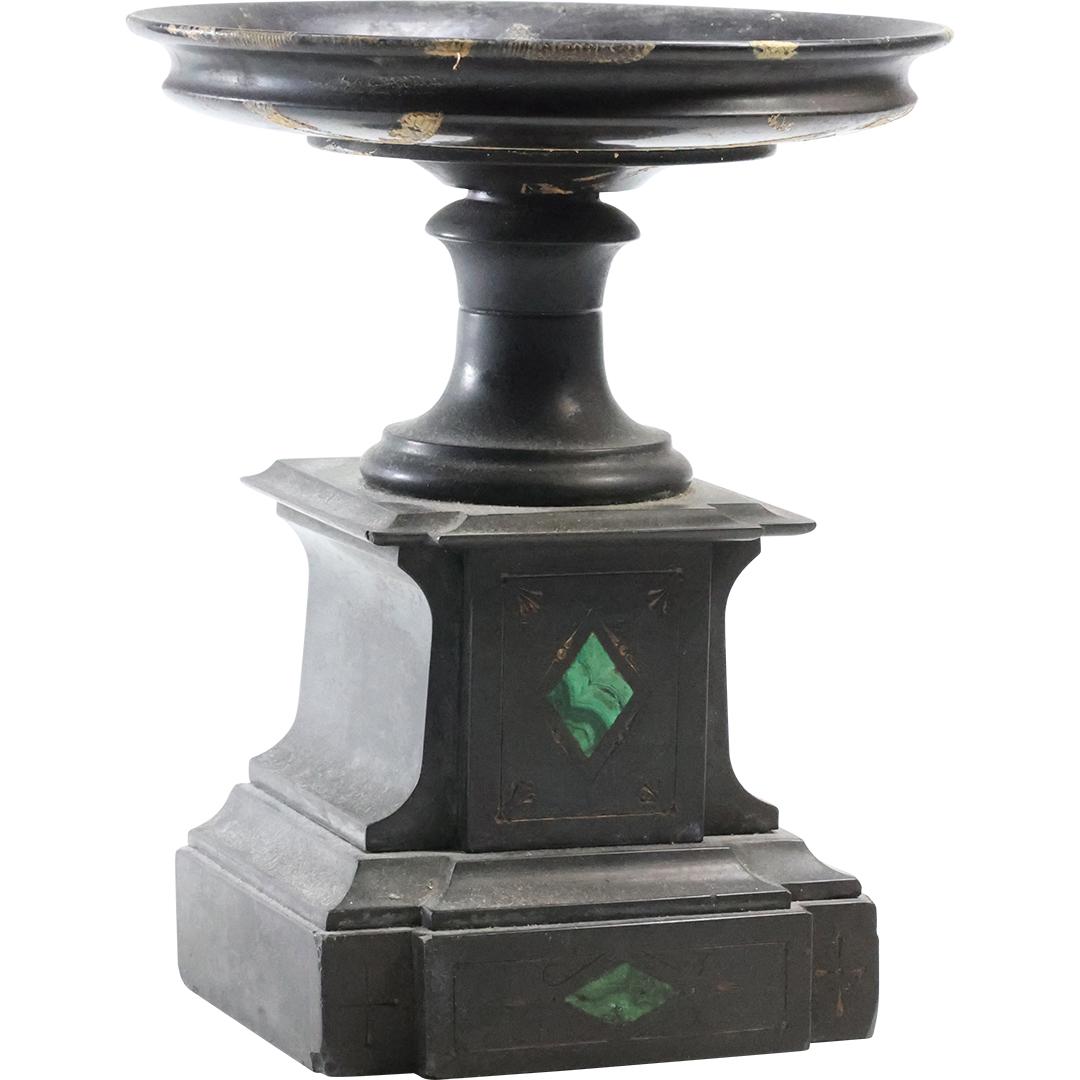 19th C. French Empire Black Marble Urn Garniture with Inlaid Malachite: 19th C. French Empire Black Marble Urn Garniture with Inlaid Malachite. size: 8 x 6.5