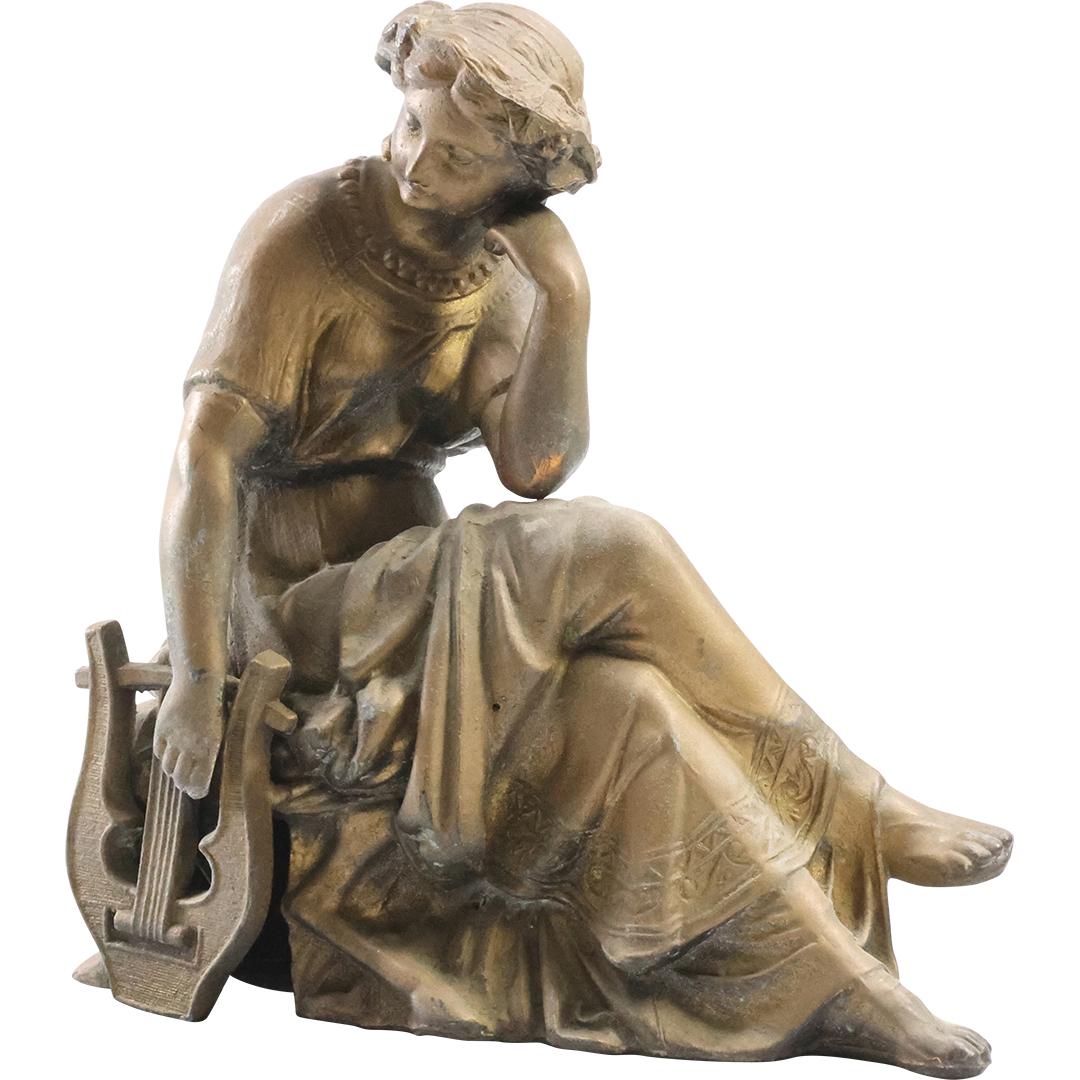 19th C. Cast Metal Spelter CLASSICAL WOMAN WITH HARP Figure Statue (1 of 8)
