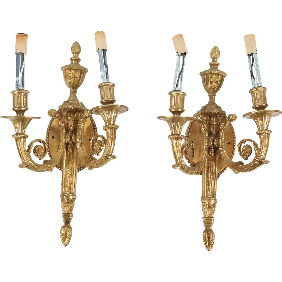 [2] French Cast Metal Gold Tone Double Electric Light Wall Sconces 16 inches length (1 of 15)
