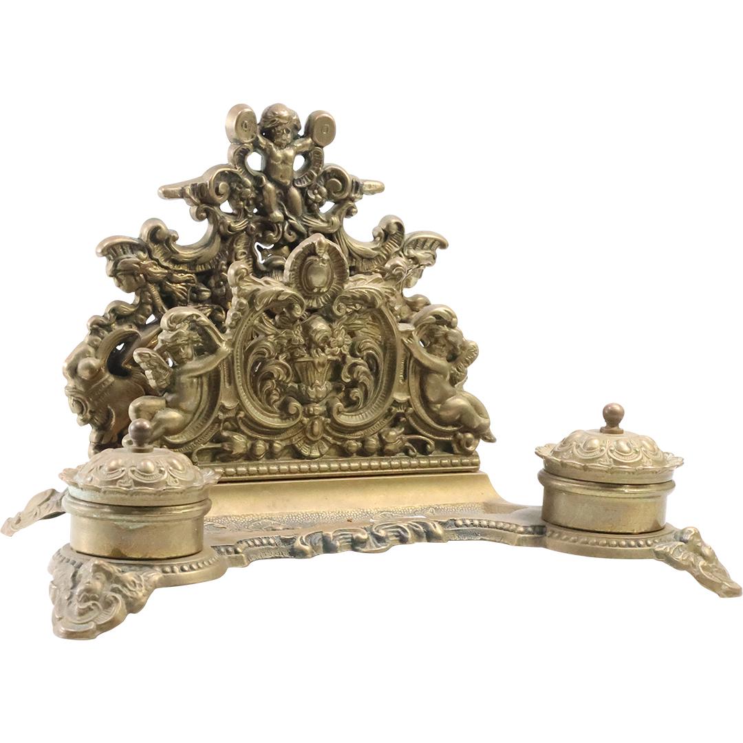 Renaissance Revival Bronze Desk Top Double Inkwell with Letter Holder Center (1 of 13)