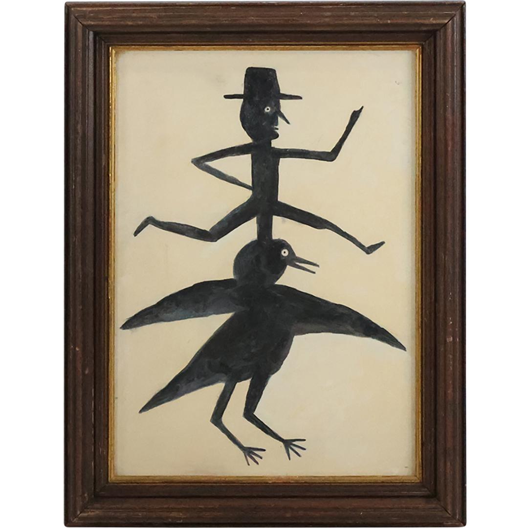 after Bill Traylor, Watercolor Painting Folky Man Wearing Top Hat on a Bird (1 of 11)