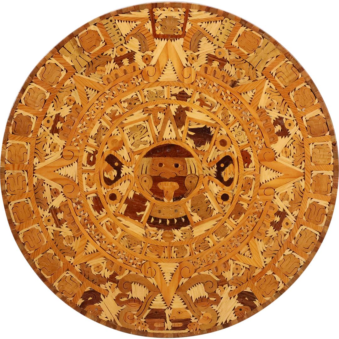 Intricate FOLK ART INLAID EXOTIC WOODS Round MAYAN CALENDAR Wood Plaque 24 inches: Intricate FOLK ART INLAID EXOTIC WOODS Round MAYAN CALENDAR Wood Plaque 24 inches. size: 24in round