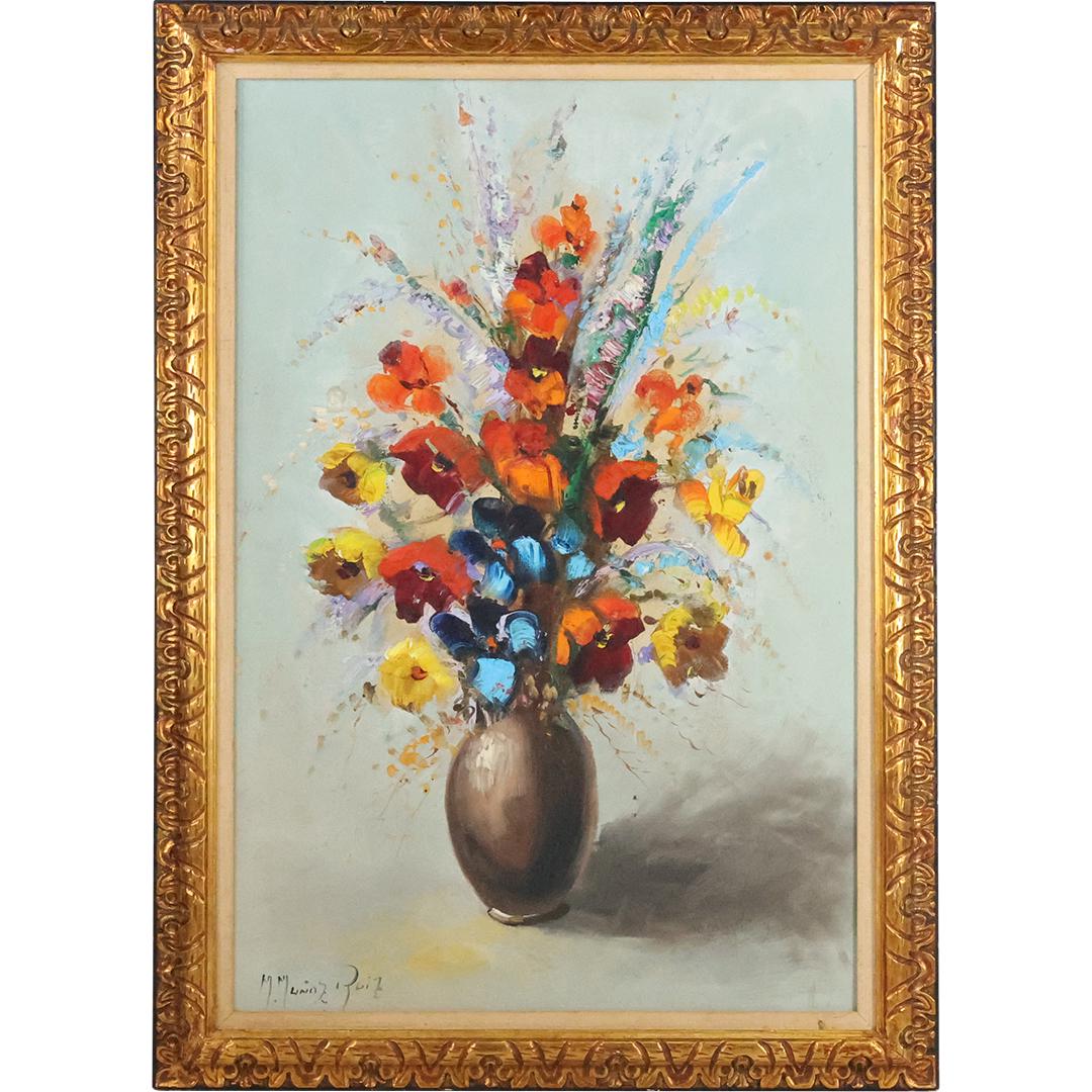 Manuel Munoz Ruiz, Vintage Oil on Canvas Painting Still Life Flowers in Vase, Signed (1 of 12)