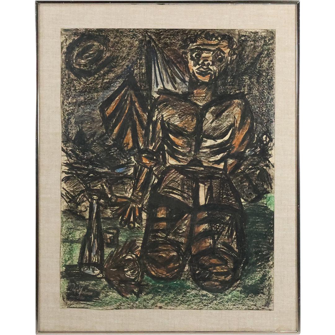 Rafael Martinez, Agosto 1966; Crayon Drawing Modernism Figure, Signed, Dated, Framed (1 of 11)