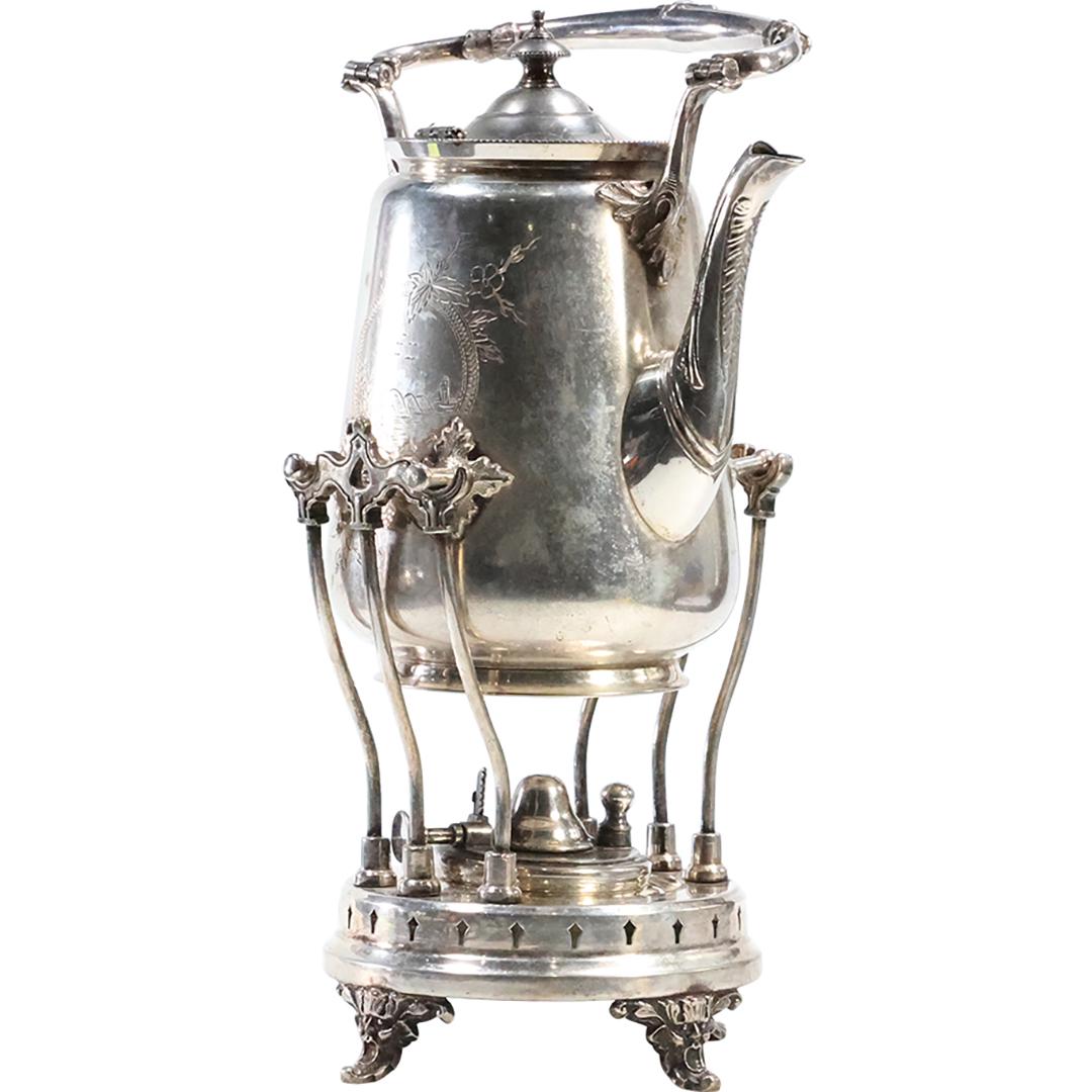 Unique Victorian Silver Plate Tea Pot on Cradel Stand Warmer (1 of 14)