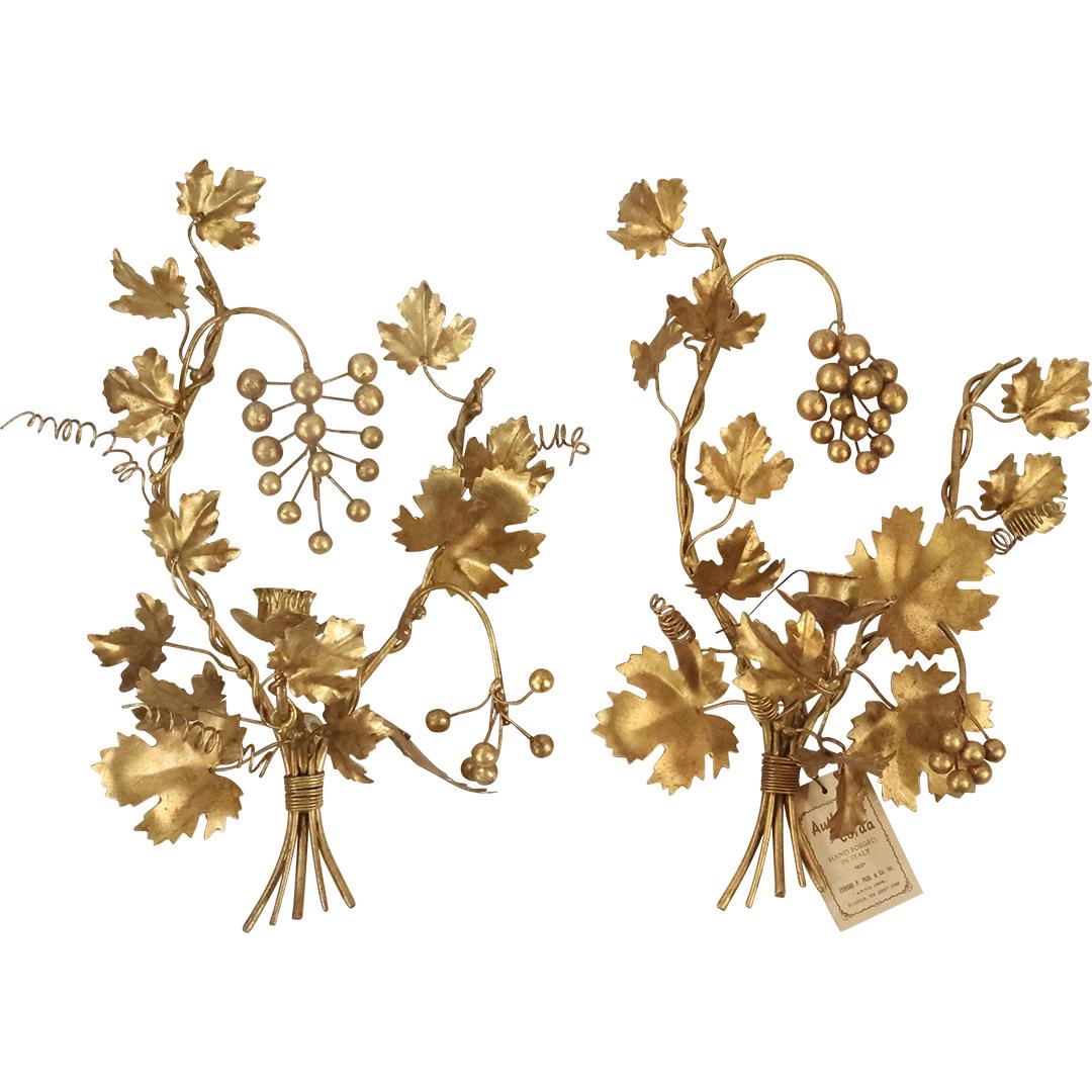 [2] Italian Gold Gilt Metalware Hollywood Regency Candle Wall Sconces, Leaves, Berries (1 of 14)
