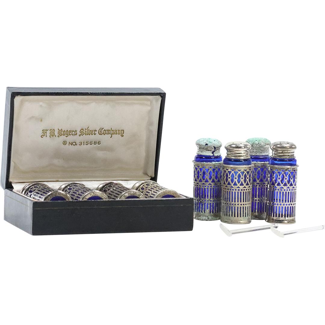 [8] Silver Plate and Cobalt Blue Glass Salt Shakers, 4 in box, 4 loose (1 of 8)