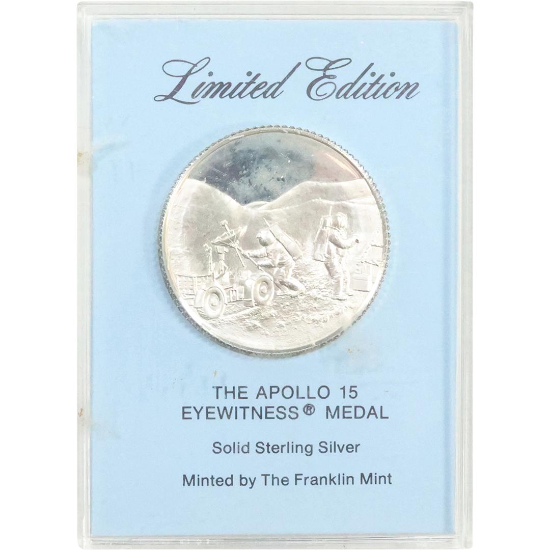 Sterling Silver THE APPOLO 15 EYEWITNESS MEDAL by Franklin Mint: Sterling Silver THE APPOLO 15 EYEWITNESS MEDAL by Franklin Mint. size: 3 3/4 in. x 2 3/4 in.