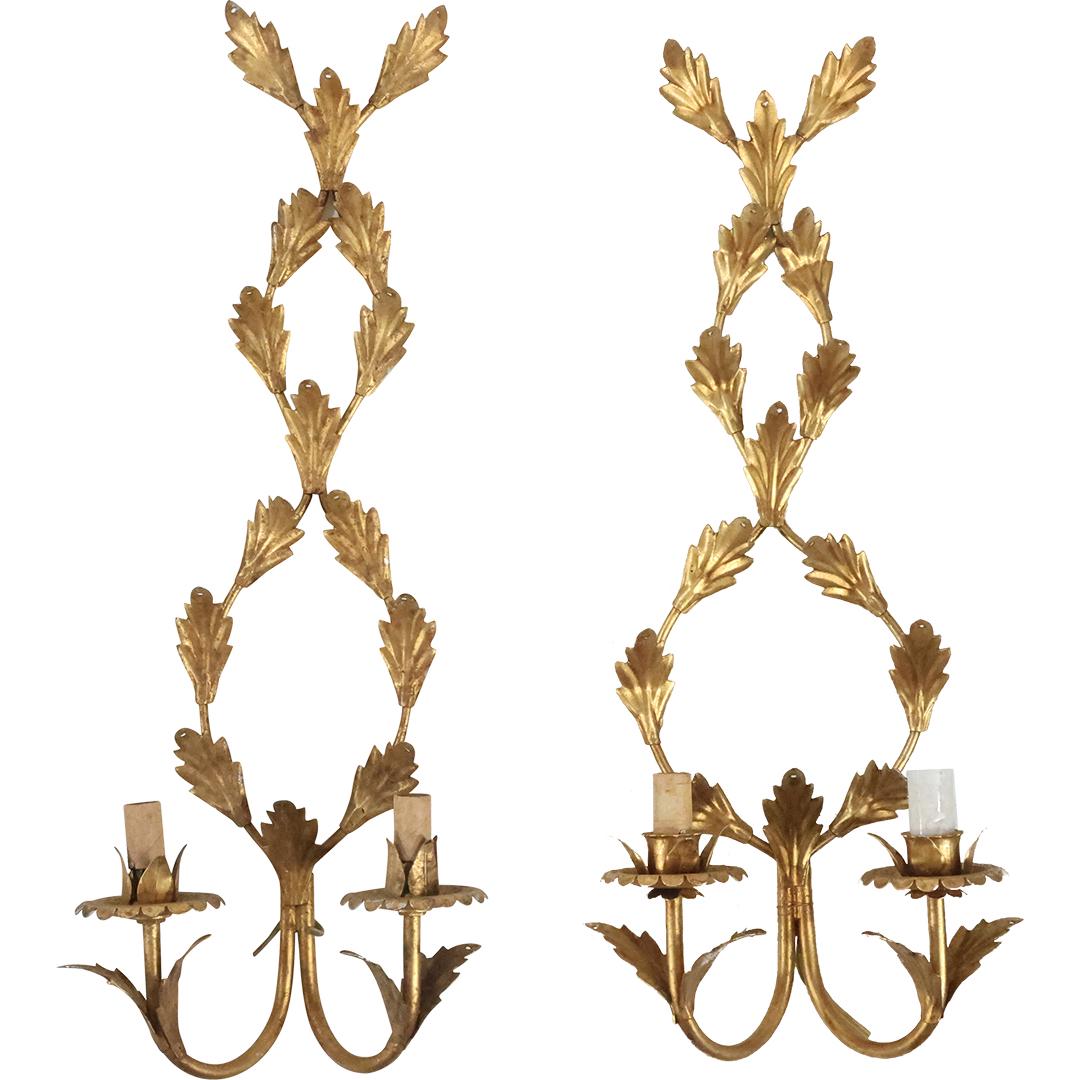 [2] Hollywood Regency Gold Gilt Metal Double Candle Holder Wall Sconces 24 inches height (1 of 13)