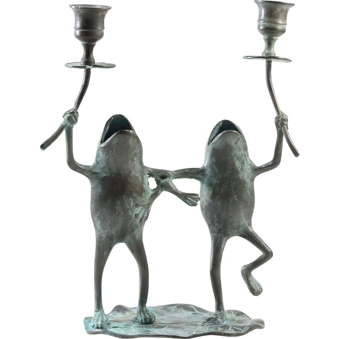 Whimsical Bronze DANCING FROGS Candleholders - Original Patina (1 of 11)