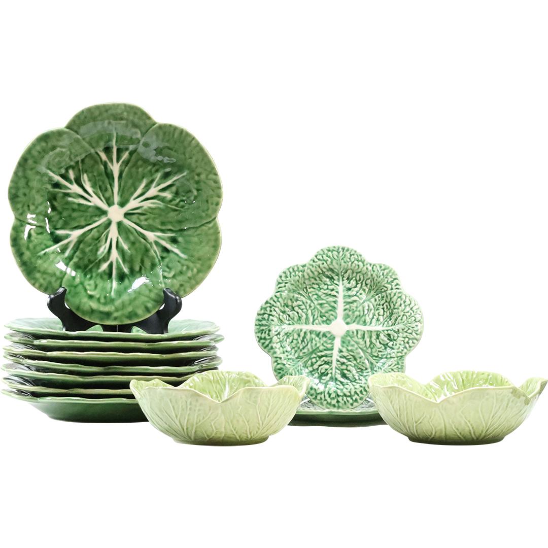 12 Pieces Bordallo Pinheiro Portugal Green Cabbage Leaf Plates and Bowls (1 of 15)