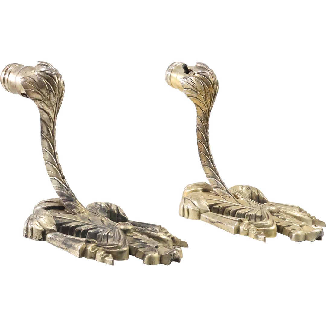 [2] Circa 1930 Cast Metal "Leaf" Electric Single Light Wall Sconces Silvertone Patina (1 of 11)