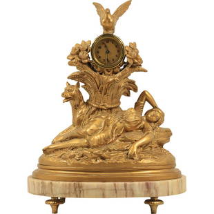 Charles Georges Ferville Suan, Signed French Figural Bronze Mantle Clock 14.25 inches height: Charles Georges Ferville Suan, Signed French Figural Bronze Mantle Clock 14.25 inches height. Gold Gilt Patina Finish. size: h 14.25 L 11