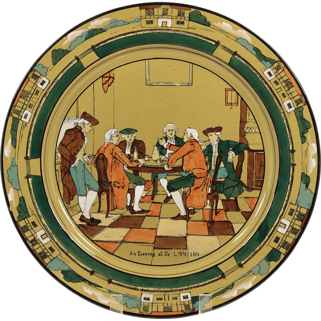 Buffalo Pottery Deldare Ware Charger 1908 " An Evening at Ye Lion Inn": Buffalo Pottery Deldare Ware Charger 1908 " An Evening at Ye Lion Inn". size: h 1.5 L 13.75