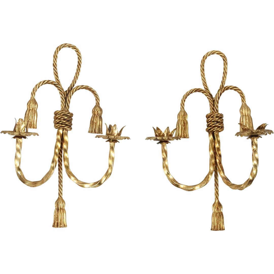 [2] Italian Gold Gilt Metal TASSEL Double Candle Holder Wall Sconces (1 of 15)