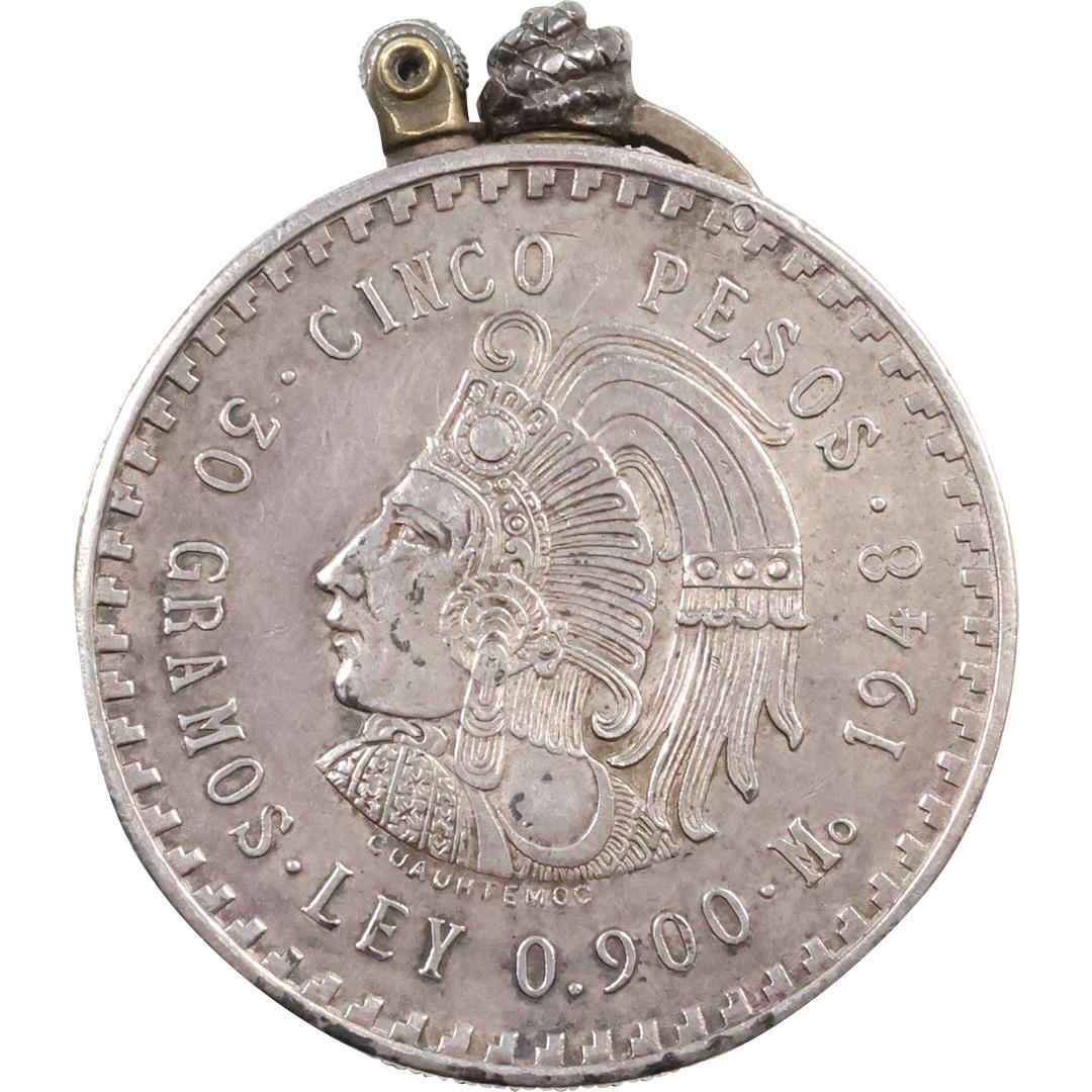 1948 MEXICO Aztec Chieftain CUAUHTEMOC Silver Cinco Pesos Coin Cigarette Lighter (1 of 7)
