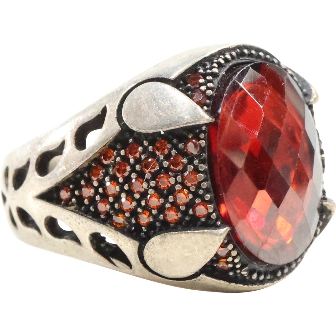 .925 Sterling Silver Fancy with Red Faceted Stone Men's Ring Size 9.75 (1 of 6)
