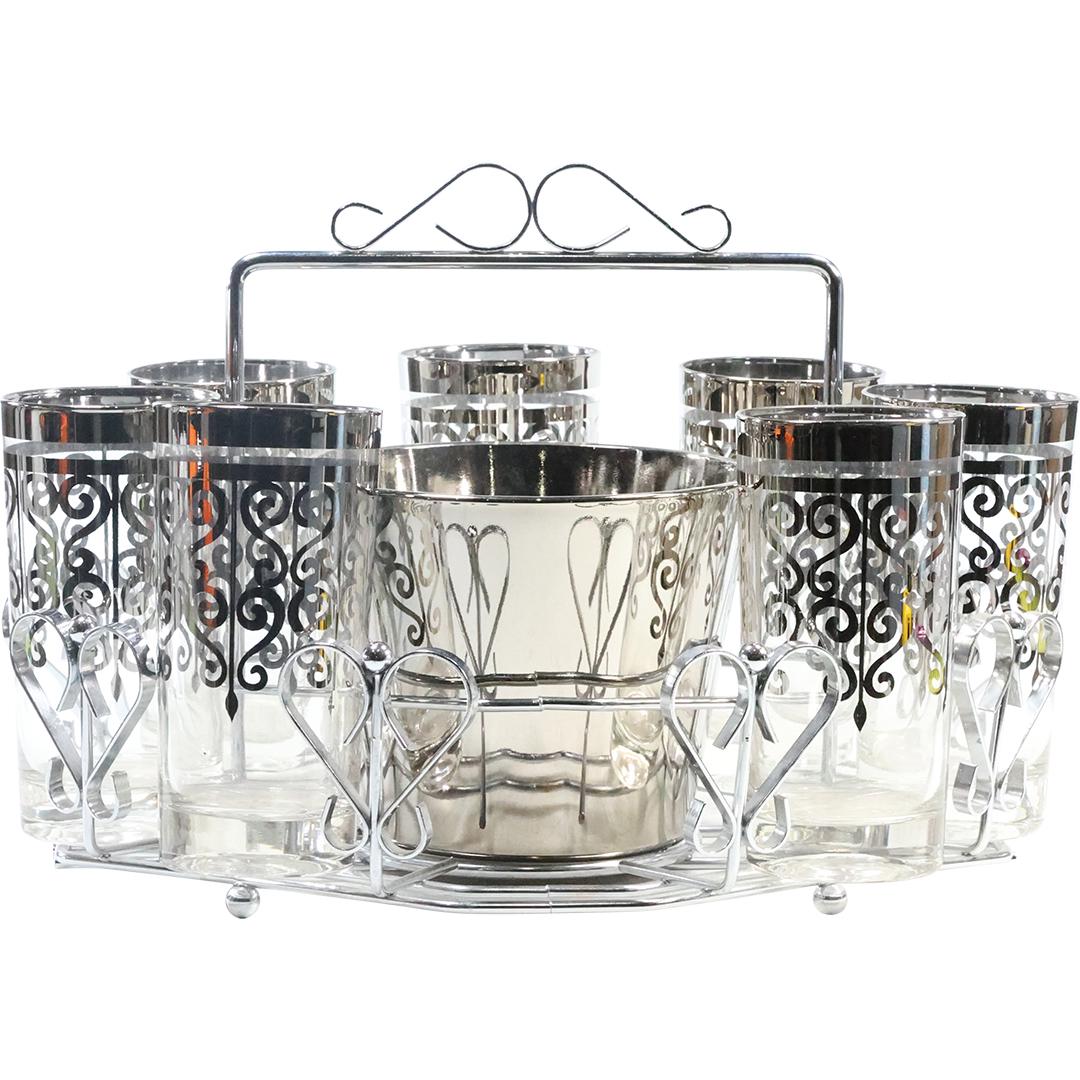 Mid-Century Modern 7 Cocktail Glasses and Ice Bucket in a Chrome Caddy Holder: Mid-Century Modern 7 Cocktail Glasses and Ice Bucket in a Chrome Caddy Holder. size: carrier (9.5 x 13.25 x 10.75), cups (5.5 x 2.75)