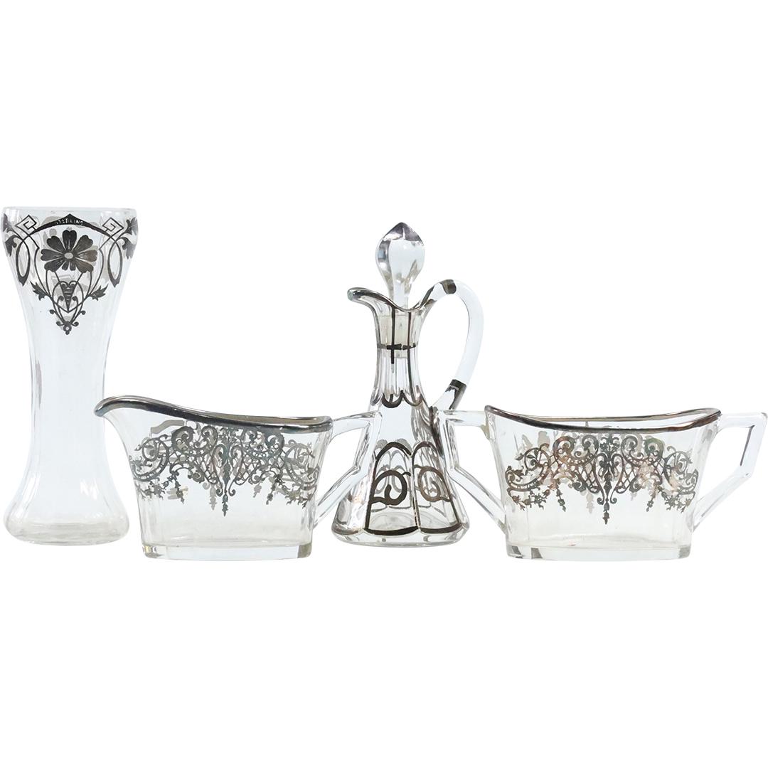 [4] Vintage Assorted Crystal Glass Silver Overlay Vase, Sugar, Creamer, Cruet (1 of 17)