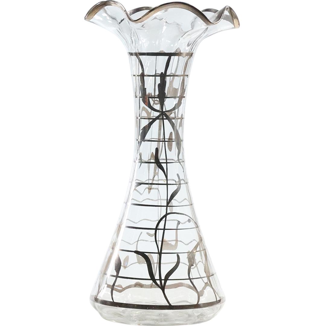 Circa 1920 Clear Glass Silver Overlay Vase 12.25 inches height (1 of 8)
