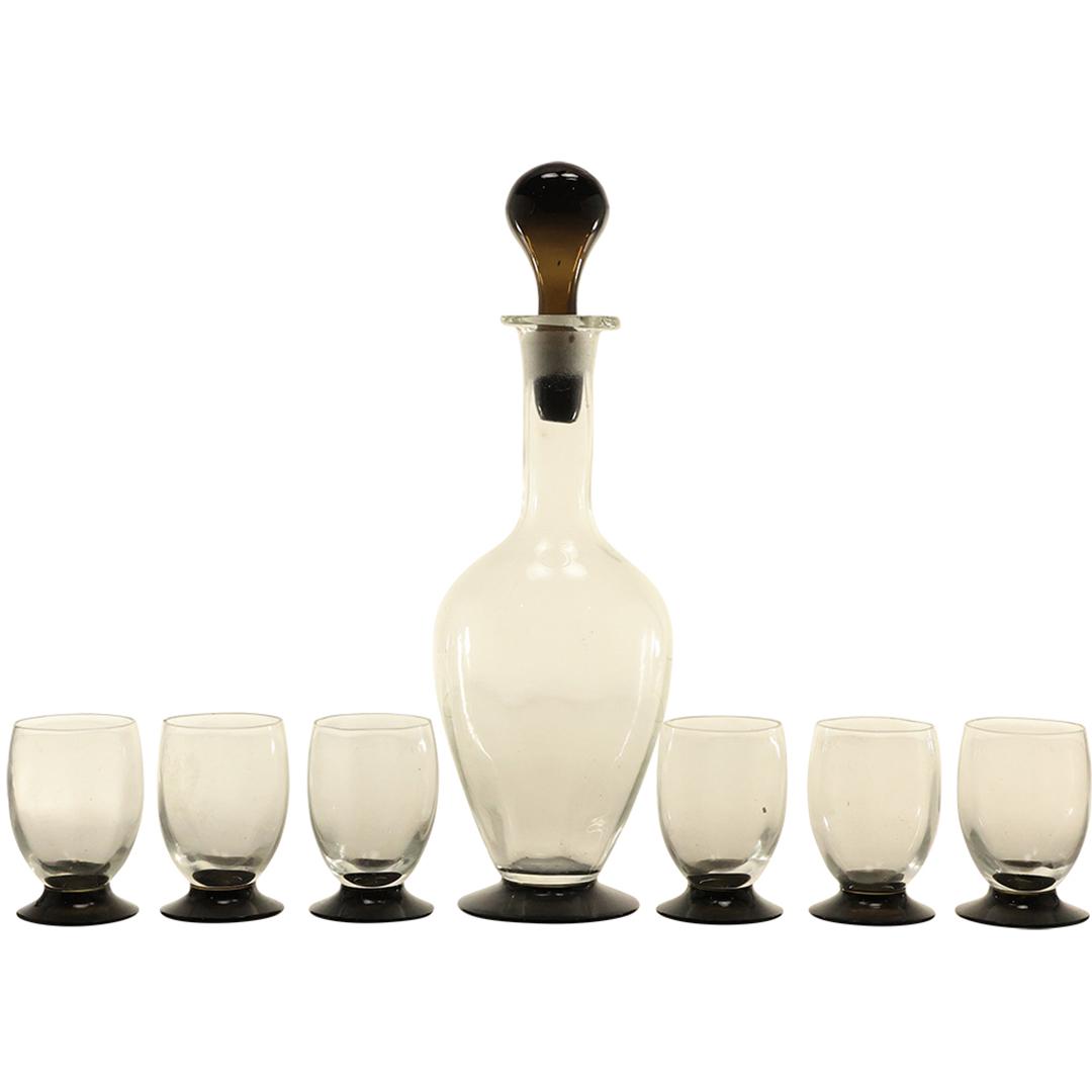 Mid-Century Modern Glass Liquor Decanter with 6 Matching Cordials Crystal & Black (1 of 20)