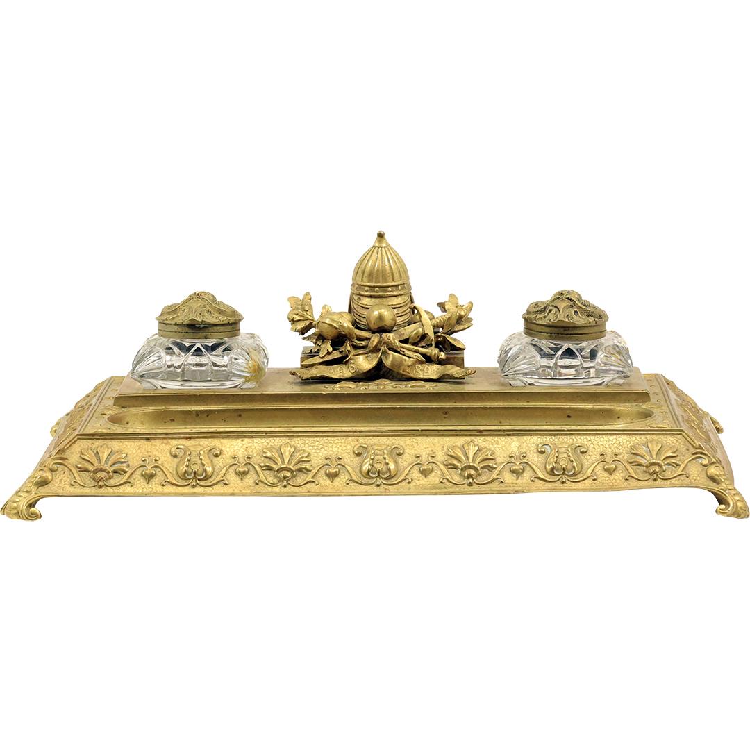 19th C. Bronze French Empire Desk Top Double Inkwell - Original Patina (1 of 20)