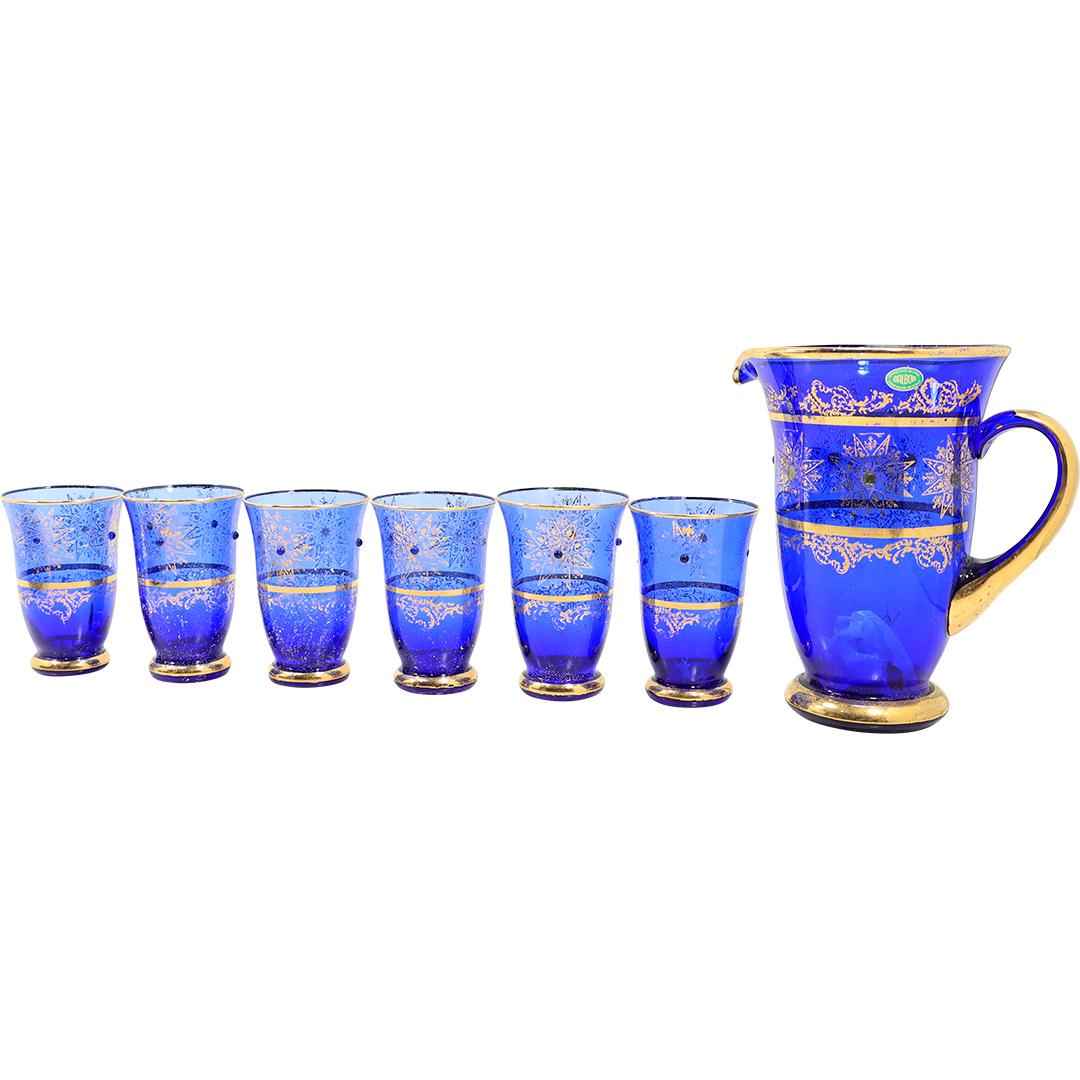 7-Pc. Italian Cobalt Blue Glass Water Pitcher with 6 Matching Tumblers, Gold Decorated (1 of 15)