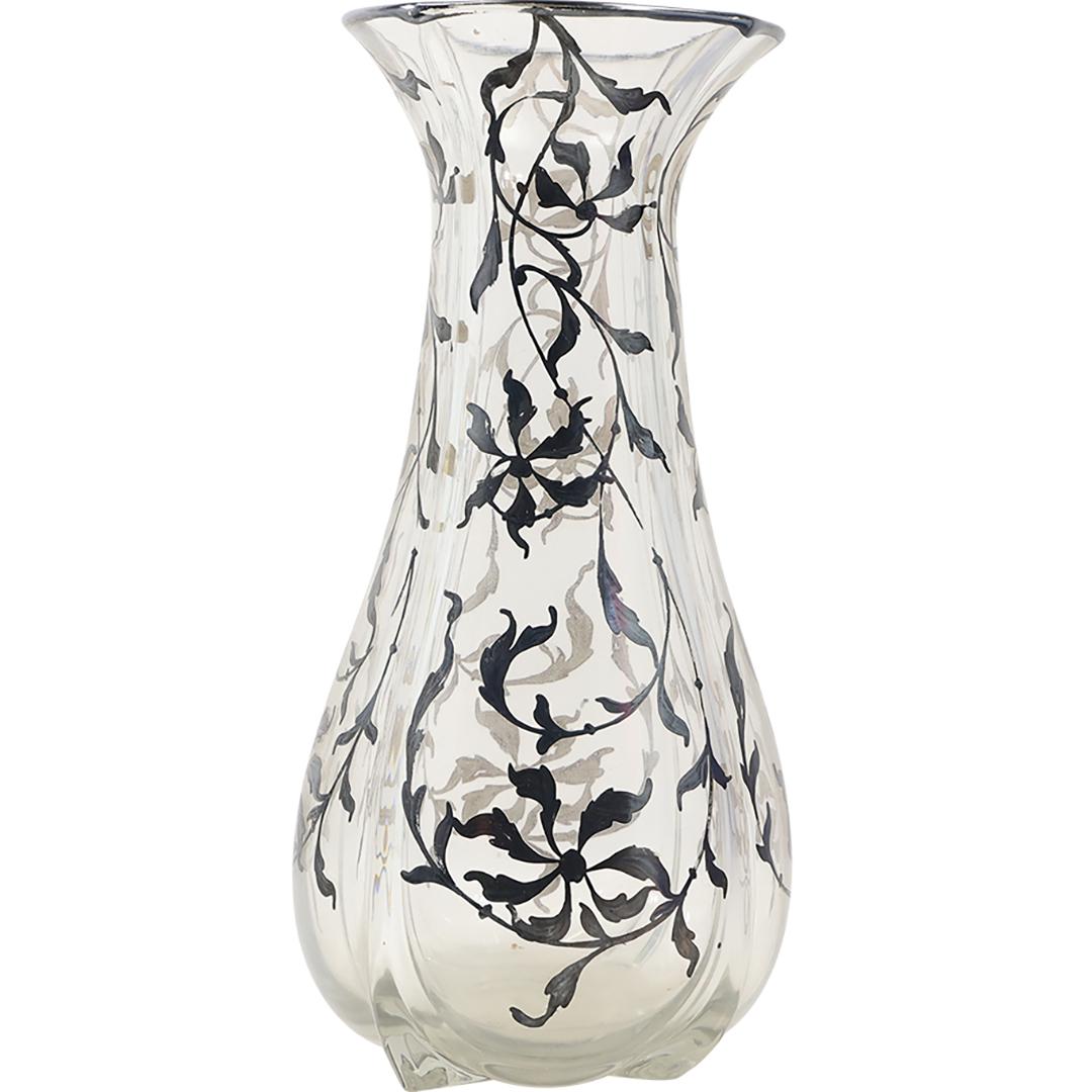 Circa 1920 Tall Clear Glass Vase with Sterling Silver Overlay Vines and Floral 16 inches height (1 of 14)