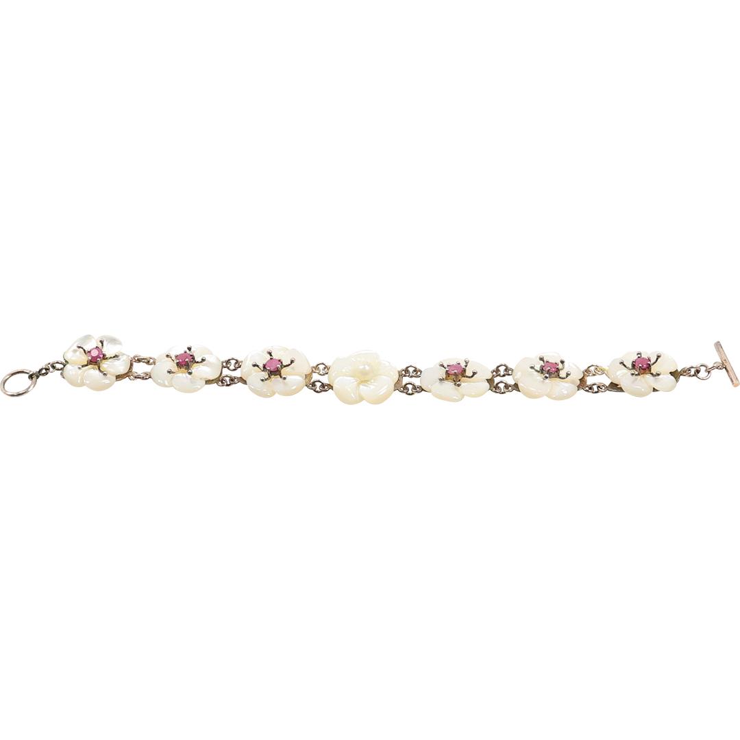 Sterling Silver MOP Flowers with Genuine Rubies, Real Pearls Bracelet (1 of 15)