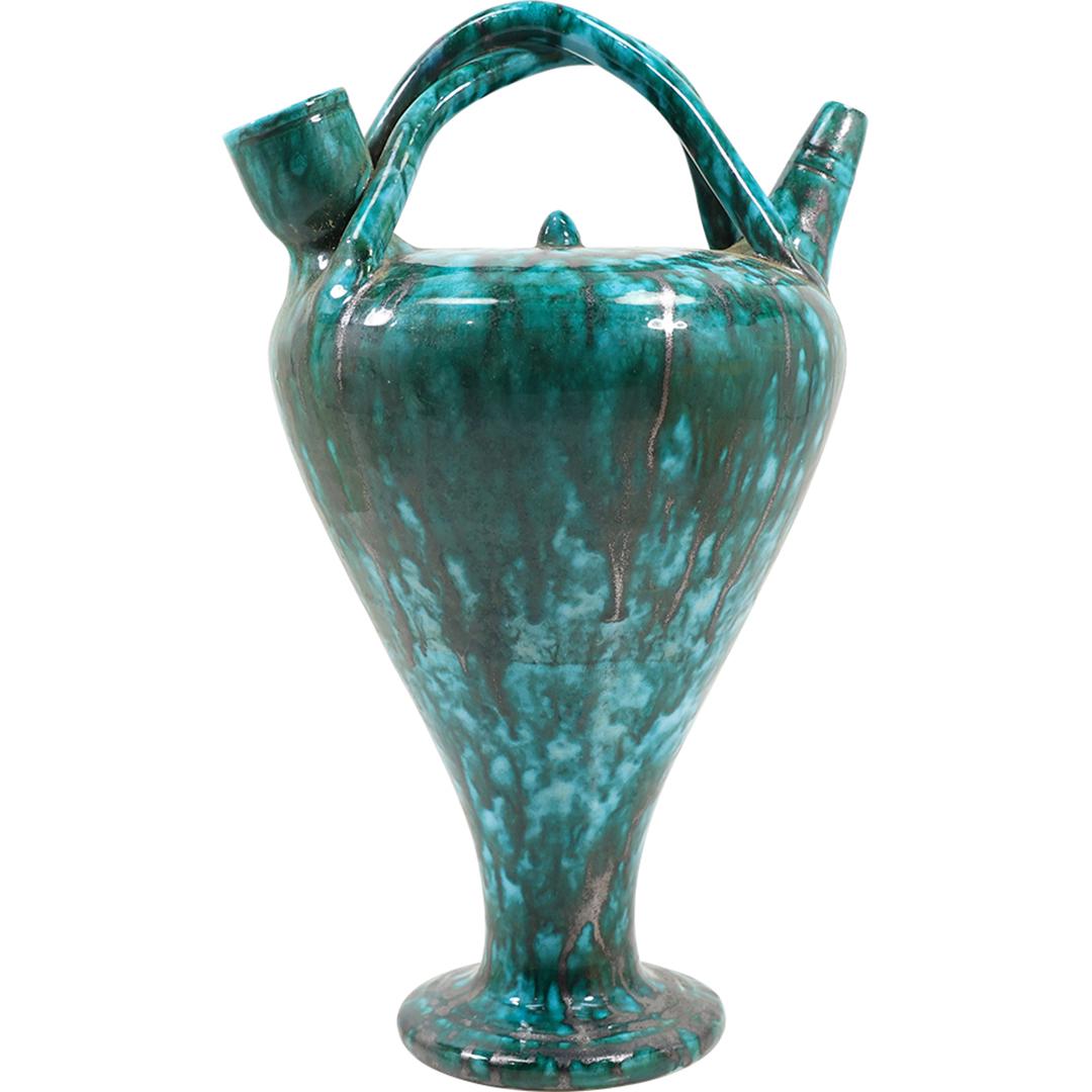 Unusual Stylish Italian Green Glaze Ceramic Pitcher Vessel 14 inches height (1 of 13)