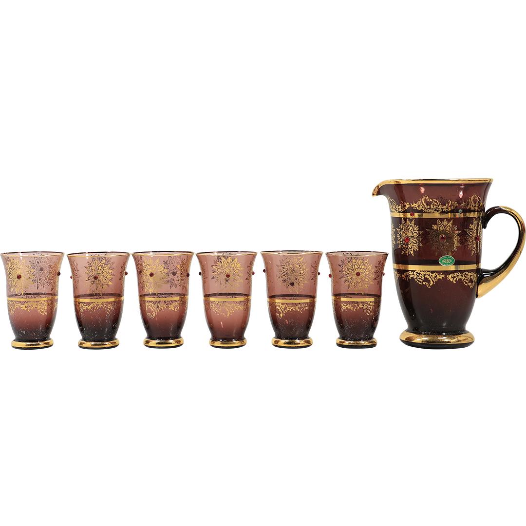 7 Pc Set Italian Purple Amethyst Glass Pitcher with 6 Matching Tumblers Gold Decorated (1 of 15)