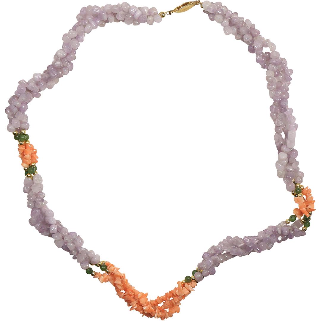 Purple Amethyst, Coral, Jade & Gold Beads Necklace 22 in. x 5/8 in. (1 of 6)