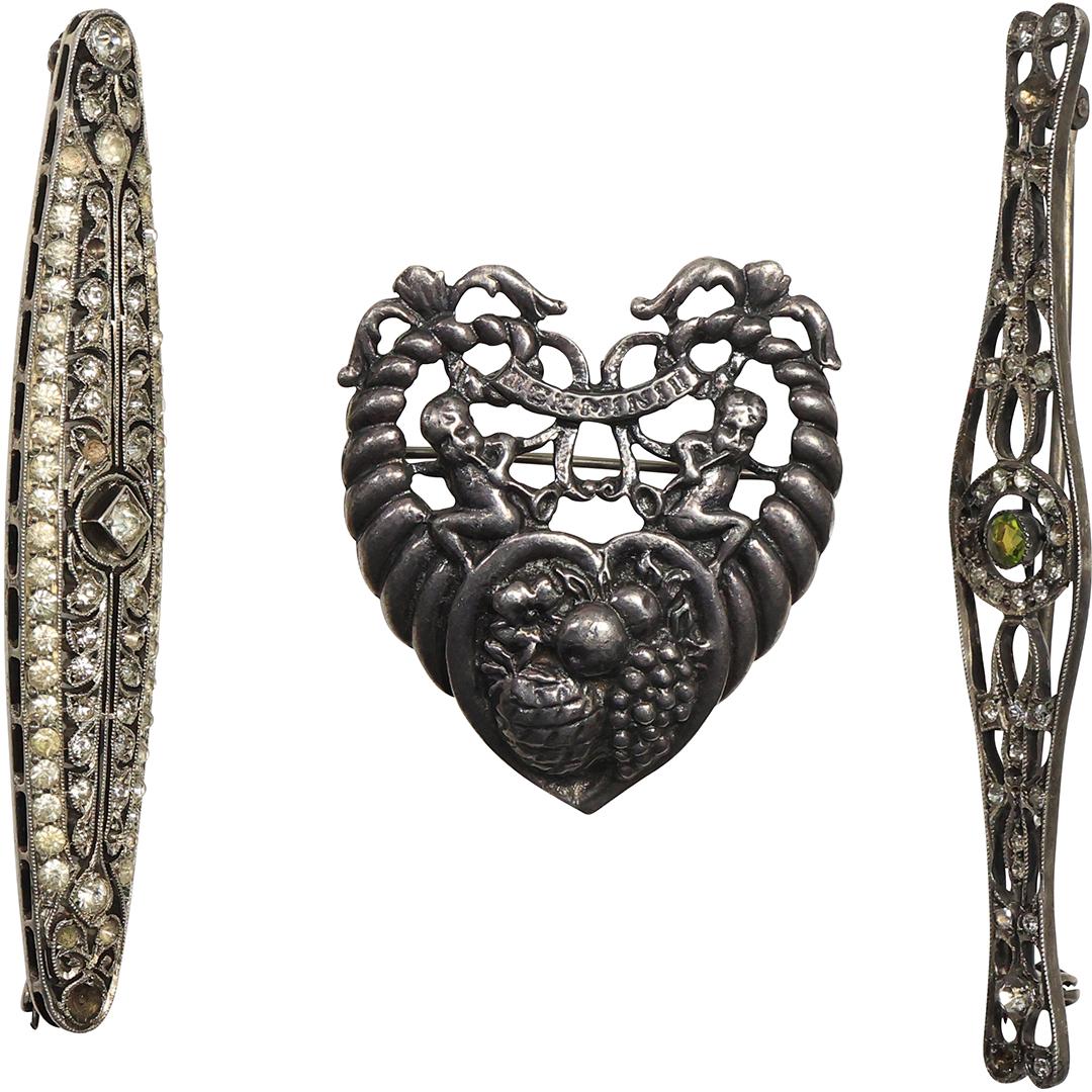 [3] Sterling & CZ Victorian Pin, Sterling CZ Peridot Victorian Pin, Sterling Cini Vict. Heart Pin: [3] Sterling & CZ Victorian Pin 2 3/4 in. x 1/2 in. , Sterling CZ Peridot Victorian Pin 3 in. x 1/2 in. , Sterling Cini Vict. Heart Pin 1 5/8 in. x 1 3/8 in.