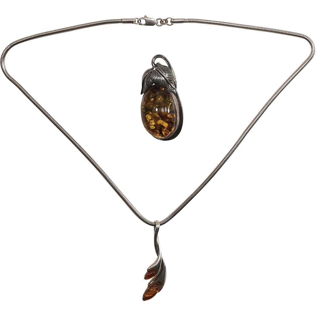 .925 Sterling Amber Pin Pendant, .925 Snake Chain, .925 Amber Pendant 2 stones set in Sterling (1 of 9)