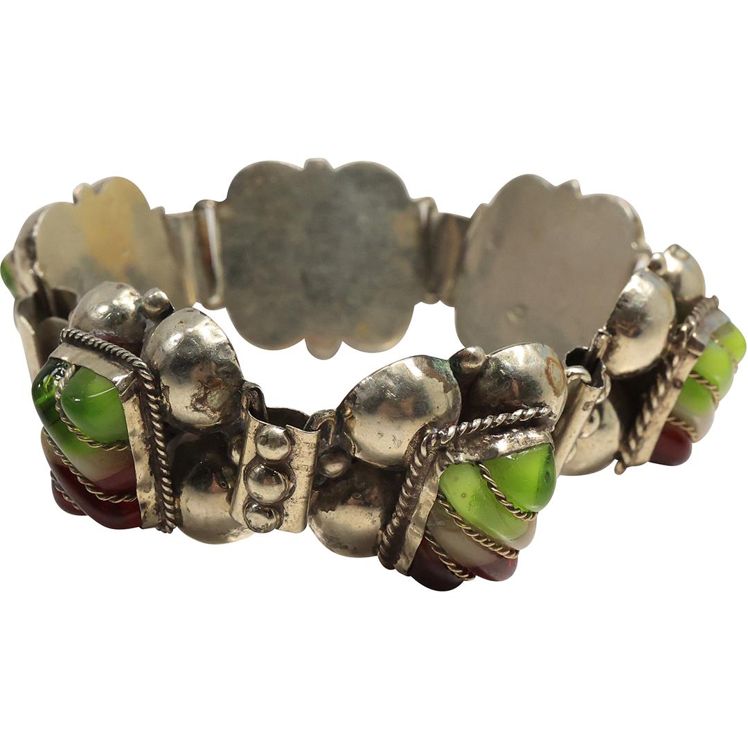 Sterling Mexico 6-Panels Green Clear Red Stones Wired and set into a 4 leaf design Bracelet (1 of 9)