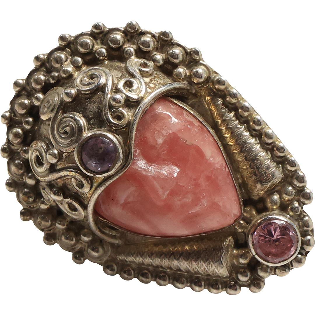 .925 Sterling Silver Sajen Goddess Pink Agate Face, Purple Pink Amethyst Ring Size 7 (1 of 9)