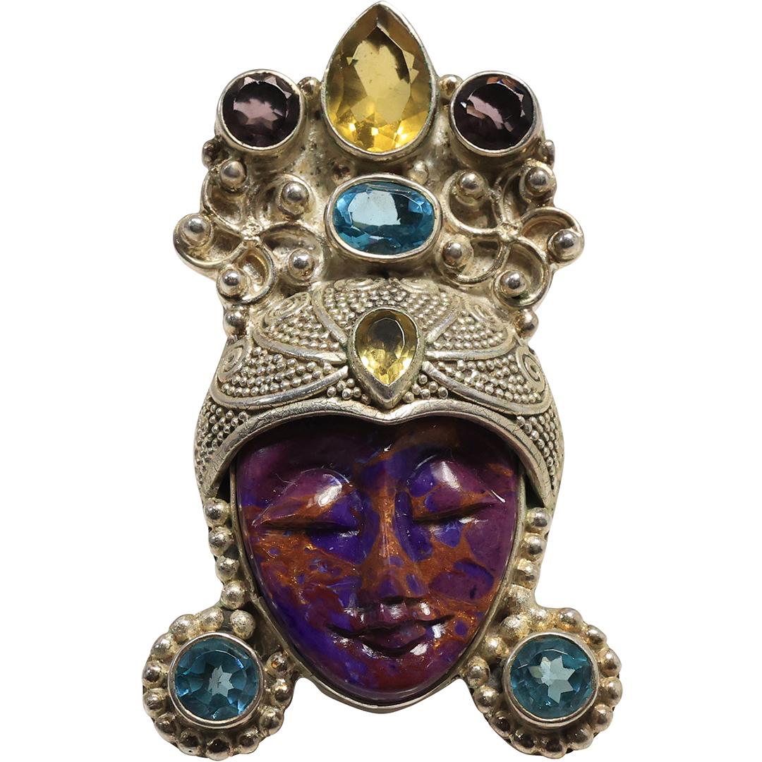 Sterling Silver Sajen Goddess Face Ring Size 8.25 Purple Crazy Lace Agate, Amethyst, Blue Topaz, (1 of 11)