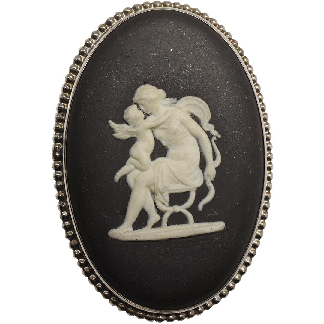 Wedgwood Black Jasper with White Maiden & Angel Pin, .925 Sterling Frame, Made in England: Wedgwood Black Jasper with White Maiden & Angel Pin, .925 Sterling Frame, Made in England. 2 in. x 1 1/2 in.