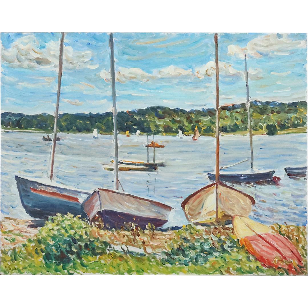 Edmond Jordan, Oil on Board Painting Boats in The Bay, Signed E Jordan (1 of 11)
