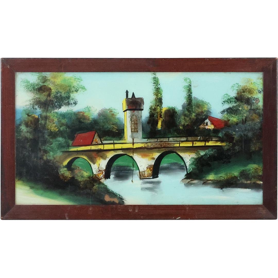 Circa 1920 Reverse Painting on Glass with MOP, Arched Bridge, Stone Tower (1 of 11)