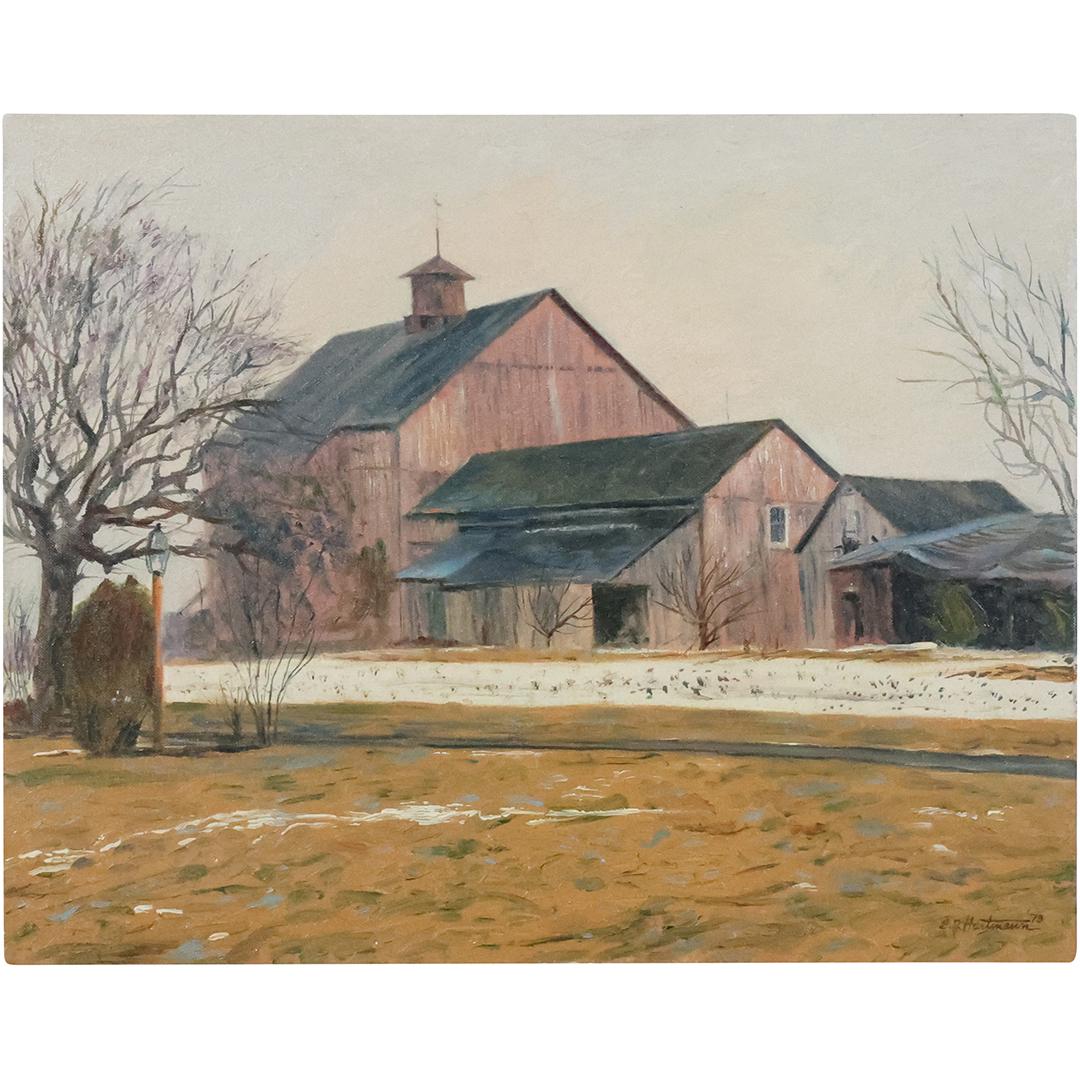 E J Hartmann, American, Oil on Board Painting Rural Large Barn in Landscape (1 of 12)