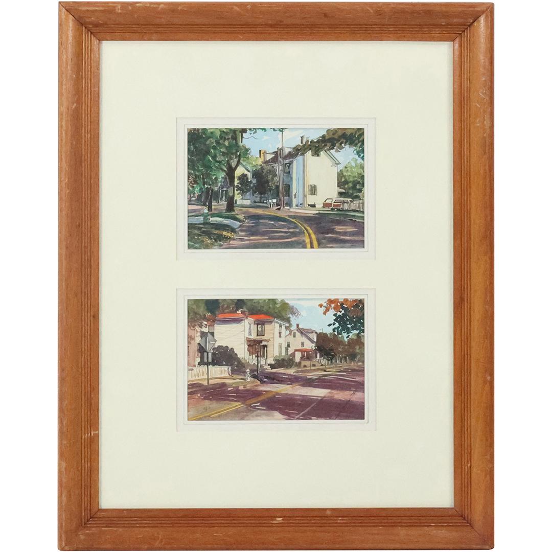 Signed EJH, [2] Fine 1950s Rural Village Scene Watercolors in One Frame. (1 of 11)