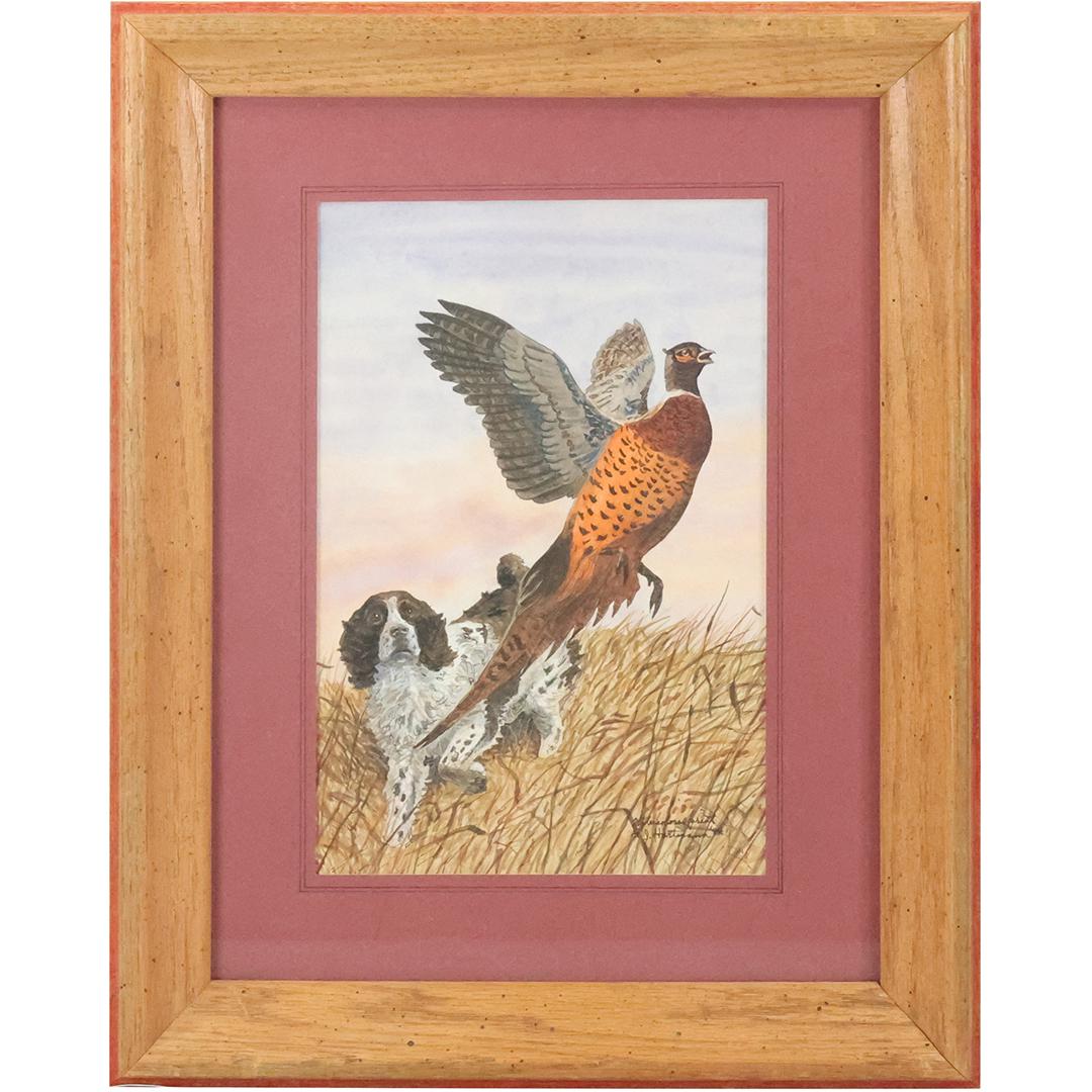 E J Hartmann, American, Watercolor Painting Hunting Dog Chasing Pheasant Bird (1 of 9)