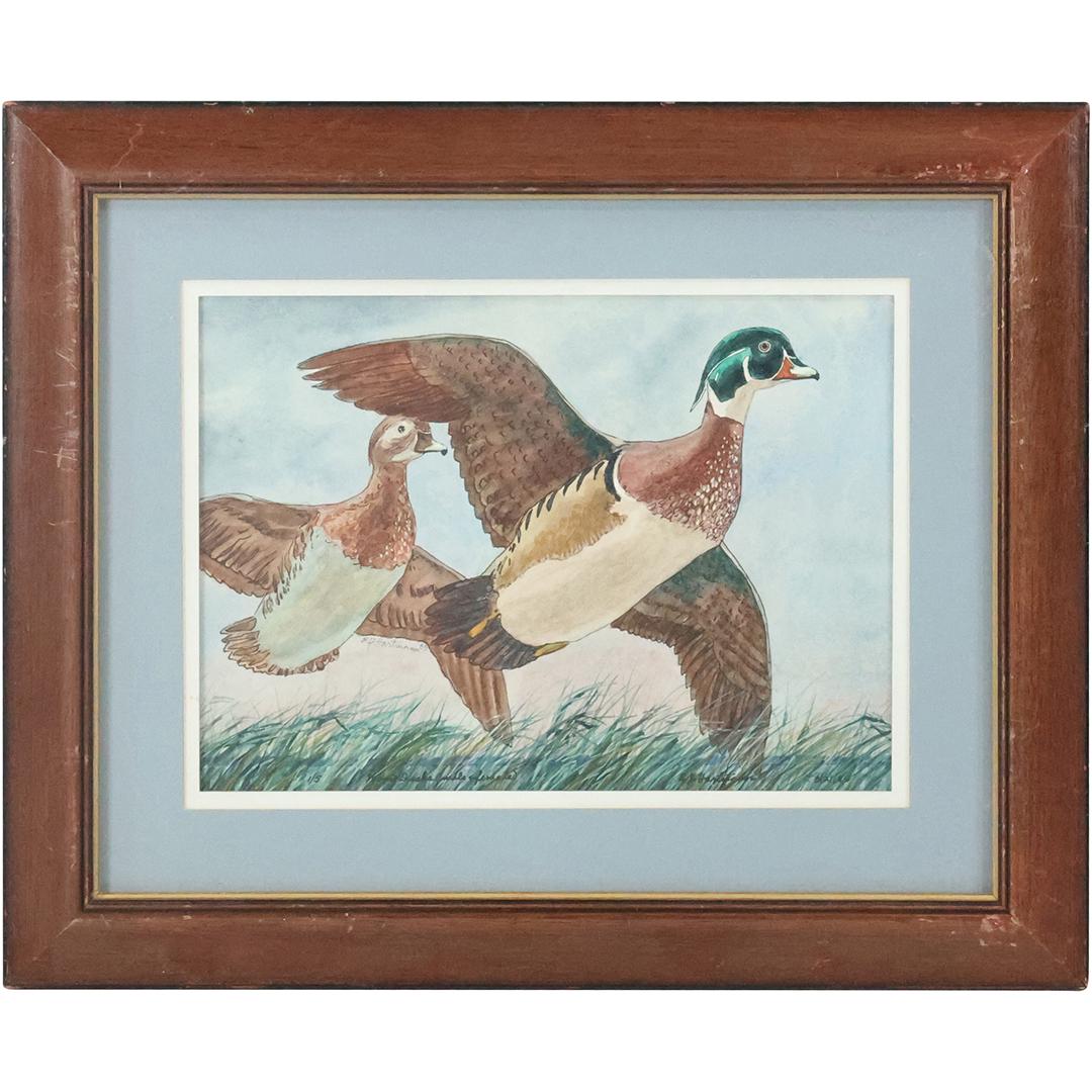 E J Hartmann, American, Watercolor Painting DUCKS IN FLIGHT OVER MARSH (1 of 11)