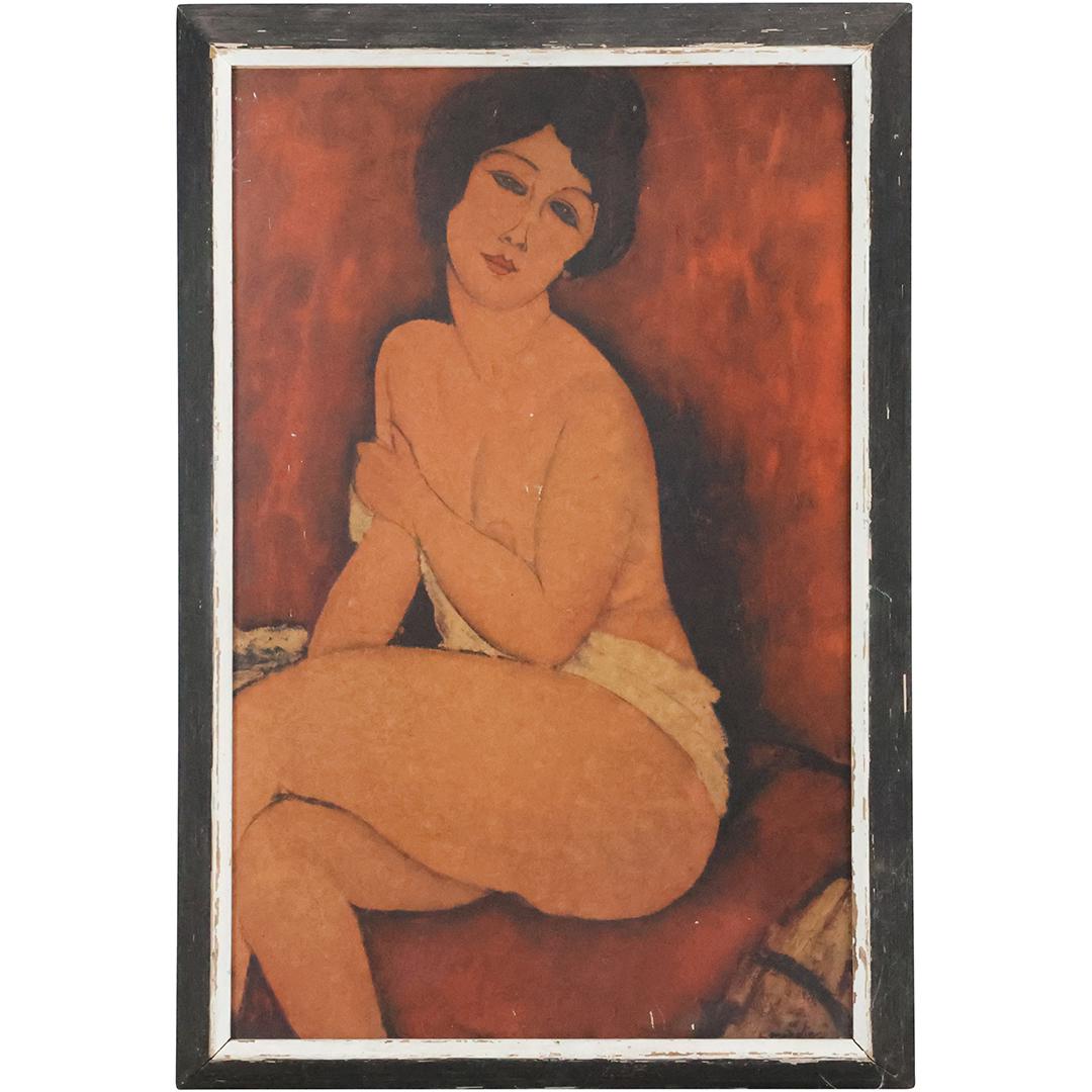 Amedeo Modigliani, Vintage Lithography Print on Board Nude Sitting on a Divan, Framed: Amedeo Modigliani, Vintage Lithography Print on Board Nude Sitting on a Divan, Framed, Signed in Plate. size: 25.5 x 16, 27.5 x 18.5 outside frame