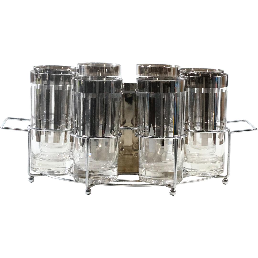 Dorothy Thorpe Mid-Century Modern Silver Rim 8 Baer Glasses, Ice Bucket in Caddy Holder (1 of 16)