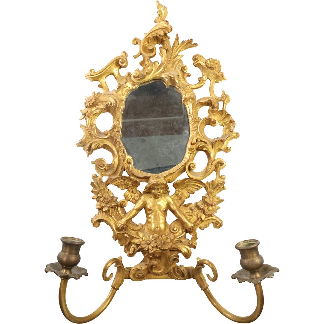 Fancy Italian Gold Gilt Carved Wood Mirrored Double Candle Sconce (1 of 13)