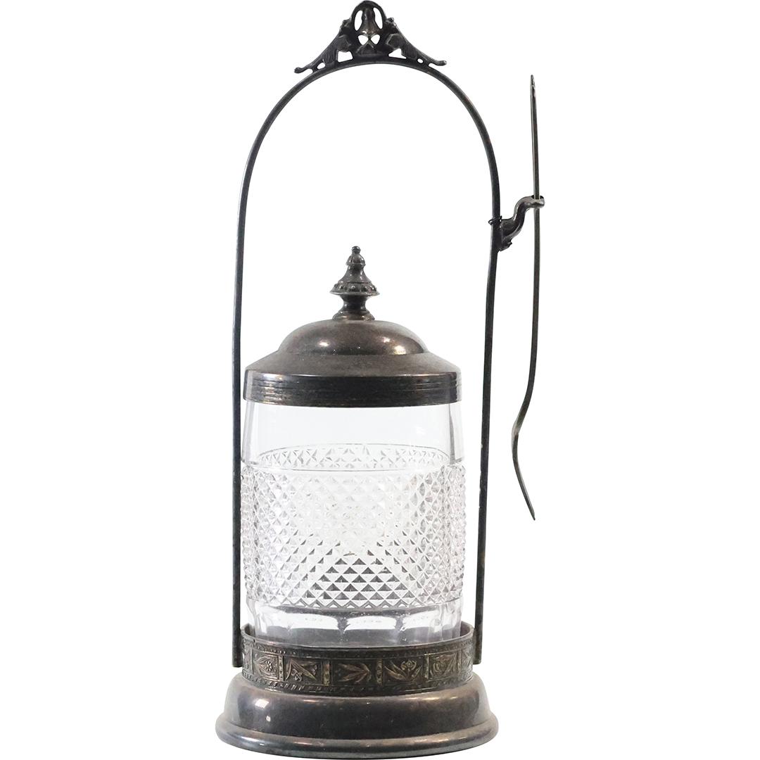 Victorian Silver Plate Pickle Jar with Fork, Diamond Quilt Pattern Clear Glass Jar (1 of 11)