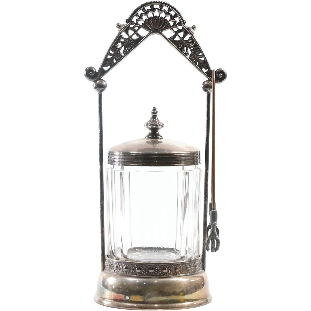 Victorian Silver Plate Pickle Jar with Tongs, Clear Glass Jar (1 of 9)